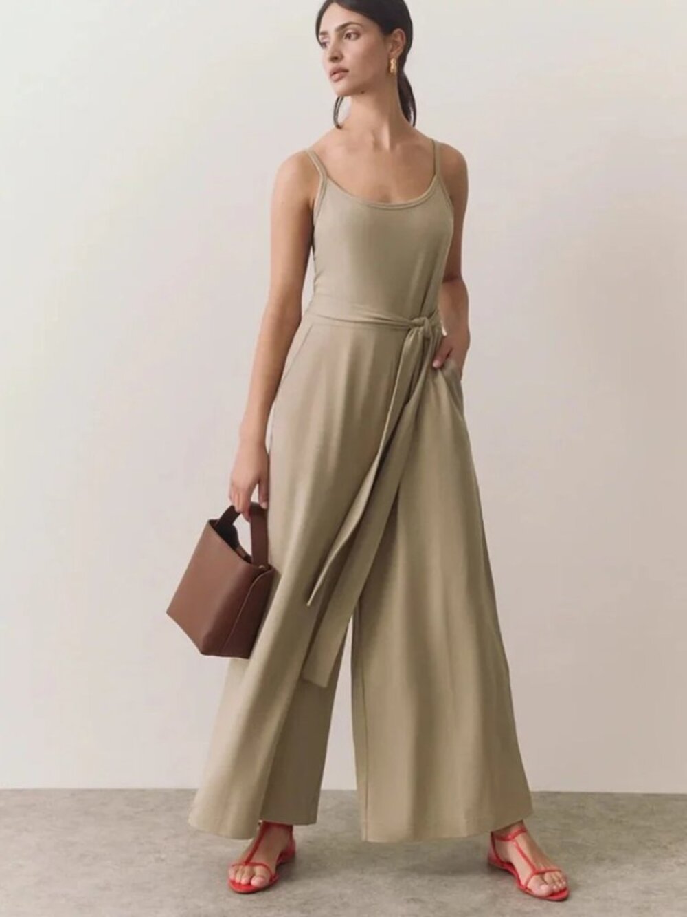 Cuyana Olive-Tan Sleeveless Wide-Leg Jumpsuit